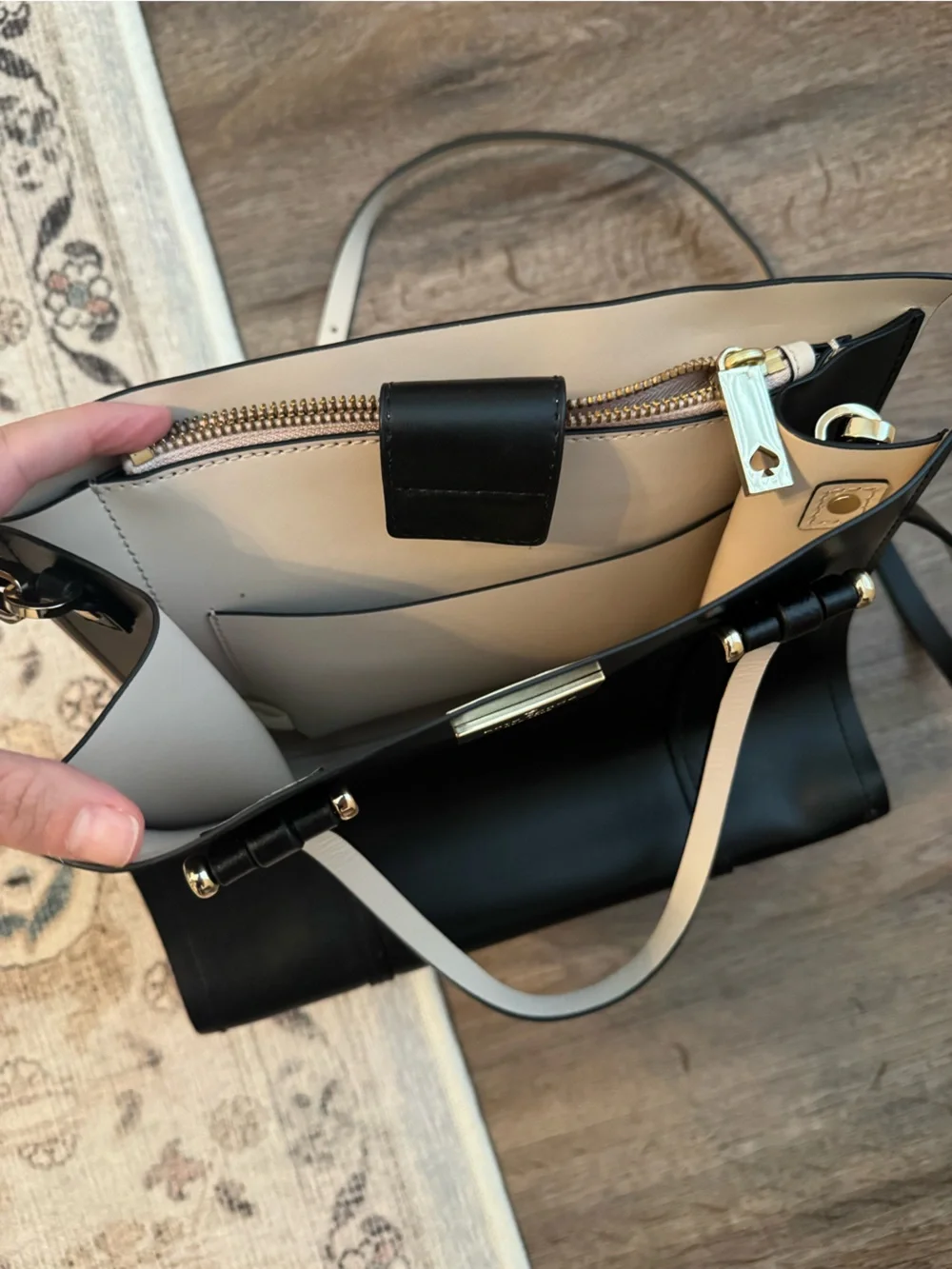 kate spade Black Leather Satchel with Ivory Strap